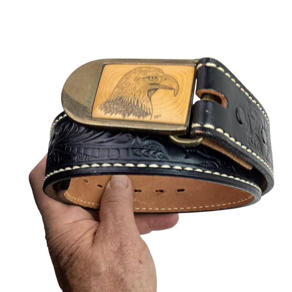 Justin Tooled Black Leather Belt Eagle Buckle Solid Brass Mens 28 Made In USA NW - Picture 2 of 9